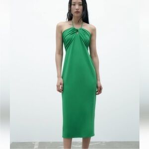 Zara Green Twist Front Halter Sleeveless Midi Dress L NWT